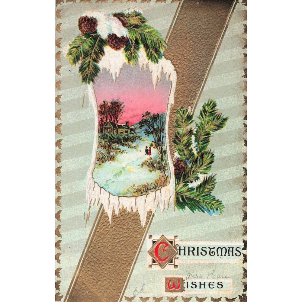 Vintage Christmas Postcard Snowy Cottage Pine Branch Icicle Scene Campville NY - Picture 1 of 2